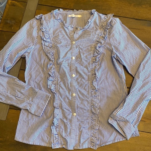 Avec les Filles blue and white striped ruffle button up long sleeve size S - Picture 1 of 5